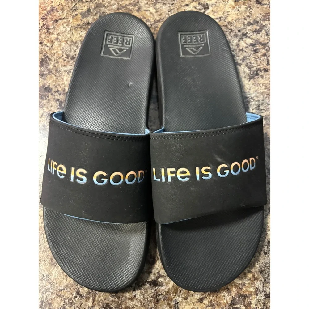 Reef Mens One Slide Sandals Black Life Is Good‎ Logo Comfort Beach Shoes Size 11